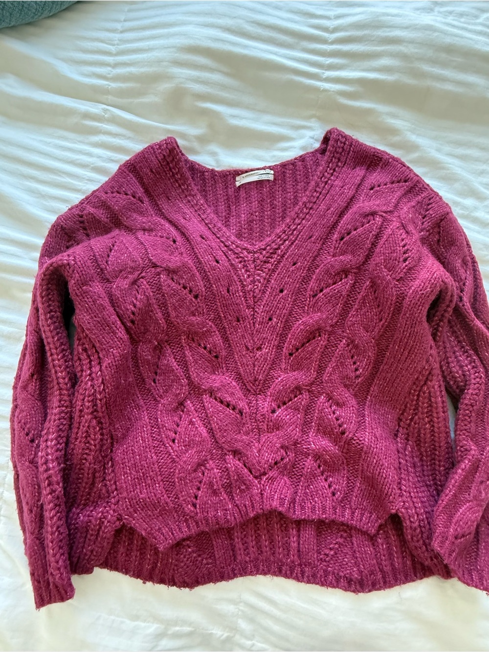 Anthropologie Cable Knit V-Neck Sweater - Berry